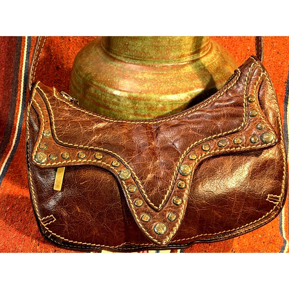 Roberto Cavalli Brown Studded Leather Shoulder Bag
